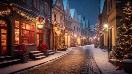 Fototapeta na wymiar Old Town Christmas Glow: Stock images capture a charming street on Christmas night in an old European town