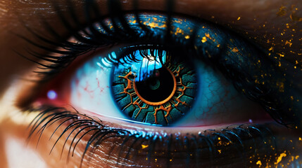 Female android robot eye close up. Digital iris of cyber woman. Bionic technology concept....