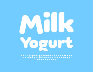 Vector advertising Emblem Milk Yogurt. White minimalistic Font. Creative Alphabet Letters and Numbers set