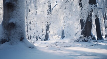 Fototapeta na wymiar Fairy-tale beautiful snowy winter forest, picture with blank space for text