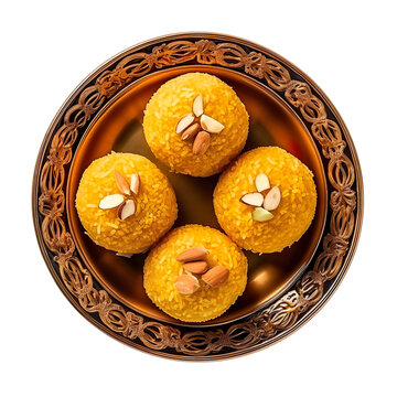 top view of Indian sweet Besan Ladoo isolated on a white transparent background 