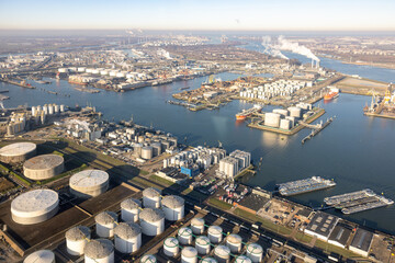 Aerial view industrial park with harbors and chemical plant
