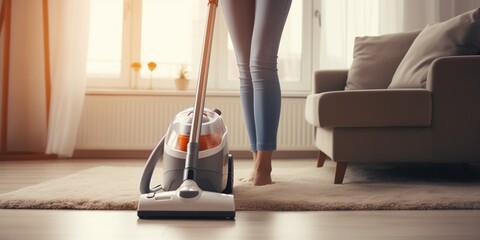 woman cleaning floor with vacuum cleaner