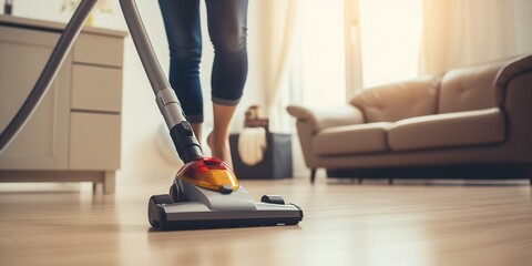 woman cleaning floor with vacuum cleaner - obrazy, fototapety, plakaty