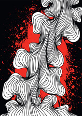 Abstract composition of wavy black lines on the background of a red grunge blob
