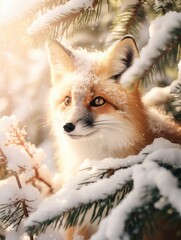 Snowfall in coniferous winter frosty forest close up, morning sun rays breaking through trees with small pretty fox between