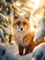 Fototapeta premium Snowfall in coniferous winter frosty forest close up, morning sun rays breaking through trees with small pretty fox between
