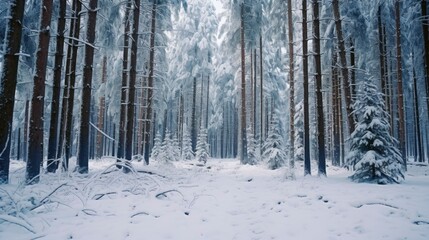 Snowfall in winter beautiful coniferous forest close up at day, branches under snow