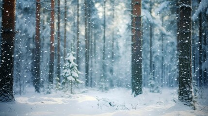 Fototapeta premium Snowfall in winter beautiful coniferous forest close up at day, branches under snow