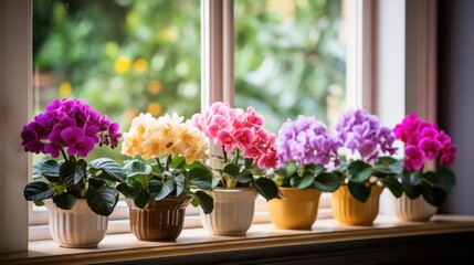 Fototapeta na wymiar Windowsill Botanical Haven: Stock images showcase blooming Saintpaulias on a light windowsill, a collection for indoor gardening enthusiasts.