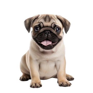front view of Pug puppy isolated on a white transparent background 