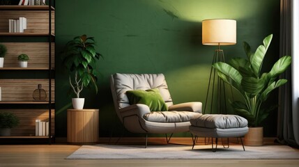 Stock photos showcase a comfortable living room setup with an armchair, coffee table, green plants, lamp, and a painting on the wall.