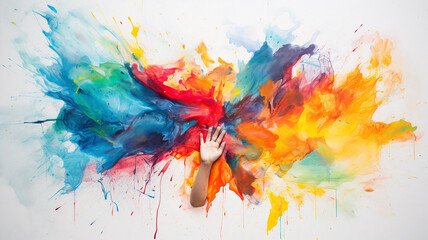 Watercolor splashes with hand holding a brush