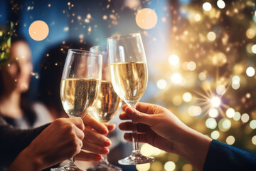 Close up of people celebrating and toasting with glasses of champagne at Christmas or new years eve party