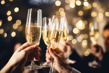 Close up of people celebrating and toasting with glasses of champagne at Christmas or new years eve party