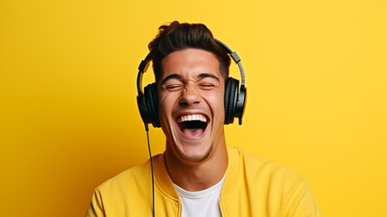 Happy chill man listening to music in wireless headphones.