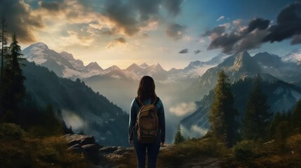 Fototapeta premium Stock images capture a woman traveler with a backpack holding a hat, gazing at amazing mountains and forest.