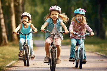 children are riding bicycles on a road in a park