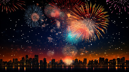 A spectacular display of colorful fireworks in the night sky on New Year's Day. - obrazy, fototapety, plakaty