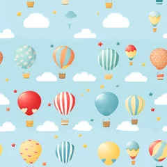 Fototapete Heißluftballon Baby Boy Nursery Rainbows and Hot Air Balloons Seamless Pattern  