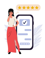 Feedback. Vector illustration. Competitiveness analysis. Thinking about quality assessment. Service. Face and character. Flat design. Person. Feedback about the application. Public opinion. Excellence