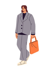 Stylish people walking. Young woman wearing suit with oversize jacket. Happy girl in urban outfit strolling, carrying tote bag. Modern fashion. Flat isolated vector illustration on white background