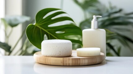 Stock images feature handmade natural solid shampoo, bamboo brush, deodorant, and sponge on a white tray with green monstera leaves.