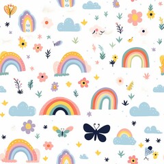 Fototapeta premium Butterflies Rainbows Pattern for Baby Girl Nursery Digital Paper Pack