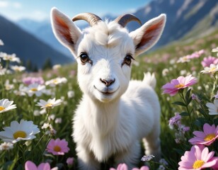 Obraz premium Fairy baby animal goat or goatling in picturesque Alpine mountain flower field