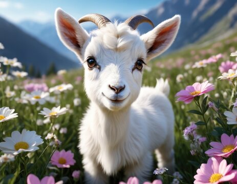 Fairy baby animal goat or goatling in picturesque Alpine mountain flower field