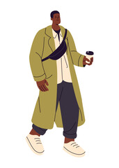 Stylish people. Young man with waist bag walking. Citizen carrying paper cup of coffee. Boy wearing trench coat, casual outfit. Urban fashion. Flat isolated vector illustration on white background