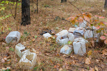 Small spontaneous dump in autumn forest in overcast morning