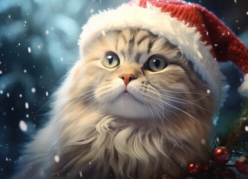 Adorable tabby cat in Santa hat with festive Christmas background and snowfall.