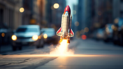 Mini Spaceship taking off from middle of the street - obrazy, fototapety, plakaty