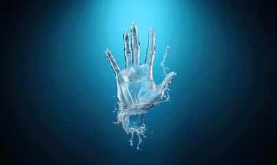 Abstract human hand made from water on blue background