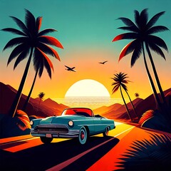 Vintage Car Cruising Down a Palm-Lined Road