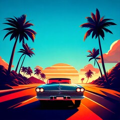 Vintage Car Cruising Down a Palm-Lined Road