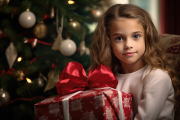 Little girl with Christmas gift by tree, anticipation and joy, festive mood.