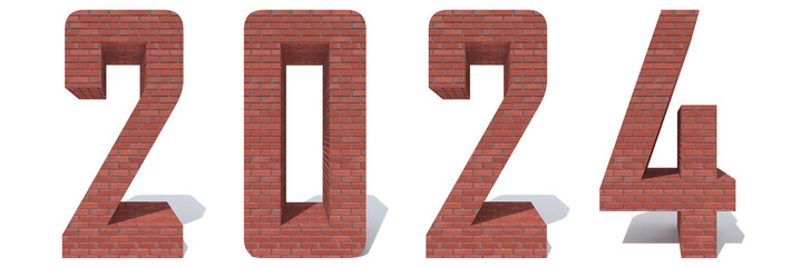 Conceptual 2024 year made of red heavy rough bricks isolated on white background. .An abstract 3D illustration as a  metaphor for future, education, architecture, real estate or business growth