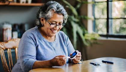 elderly woman with diabetes checking her sugar level