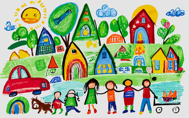 Naklejka premium Imaginary Utopia Captivating Expressions of Youthful Genius in the Artistry of House and Garden Illustrations, Infused with the Radiance of Rainbow Crayons