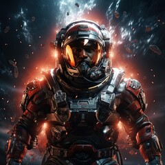a space soldier in space with red armor suit, illustration