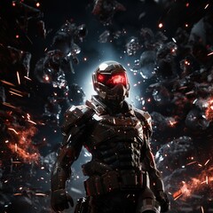 a space soldier in space with red armor suit, illustration