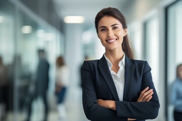 Happy confident business woman leader looking away standing in office. Smiling professional businesswoman manager executive, female worker feeling cheerful thinking of financial success. generative AI - obrazy, fototapety, plakaty