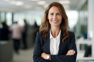 Happy confident business woman leader looking away standing in office. Smiling professional businesswoman manager executive, female worker feeling cheerful thinking of financial success. generative AI - Powered by Adobe