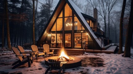 an a frame cabin in the middle of winter, large firepit surrounded by Adirondack chairs in the...