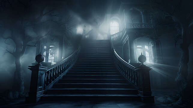broken stairway leading to foreboding horror house with glowing windows,.AI Generative 