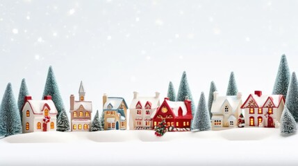 Fototapeta premium Stock images capture the magic of Christmas with a miniature holiday village—little ceramic houses, snowy fir trees, and festive decorations on a white background.