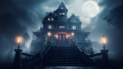 Haunted House Halloween Background Images ,broken stairway leading to foreboding horror house with glowing windows, Scary Castle.AI Generative 