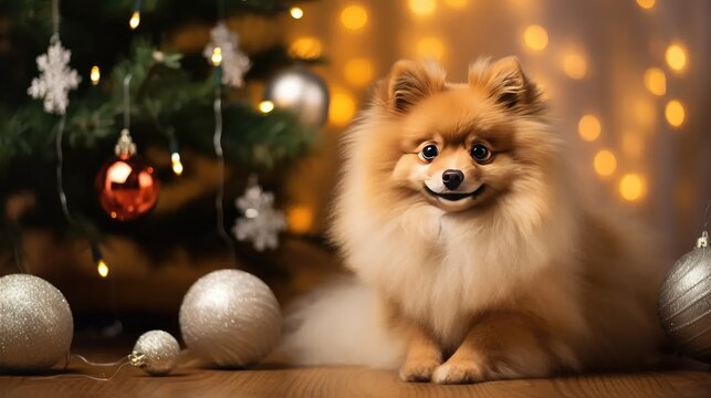 Stock images feature 'Merry Christmas' moments with a cute Danish Spitz dog sitting against a stylish Christmas tree.